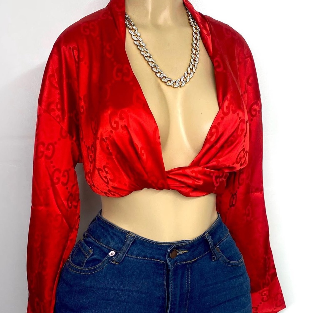 Red Long Sleeve Tie Front Crop Blouse